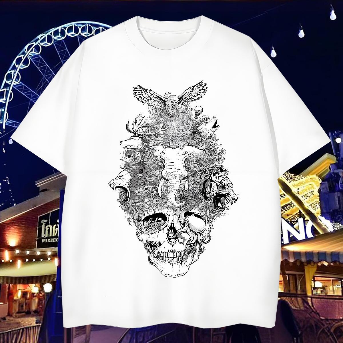 Loose T Shirt For Man 230g 100% Cotton skull Daily Wear Black White Breathable Short Sleeve Men Tees Fashion Designer Tshirts
