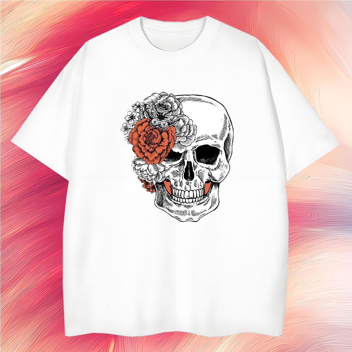 TOP Quality Man T Shirts 230g Cotton flower Street Skull O-Neck Short Sleeve Men Tees DIY Customized Top Tees