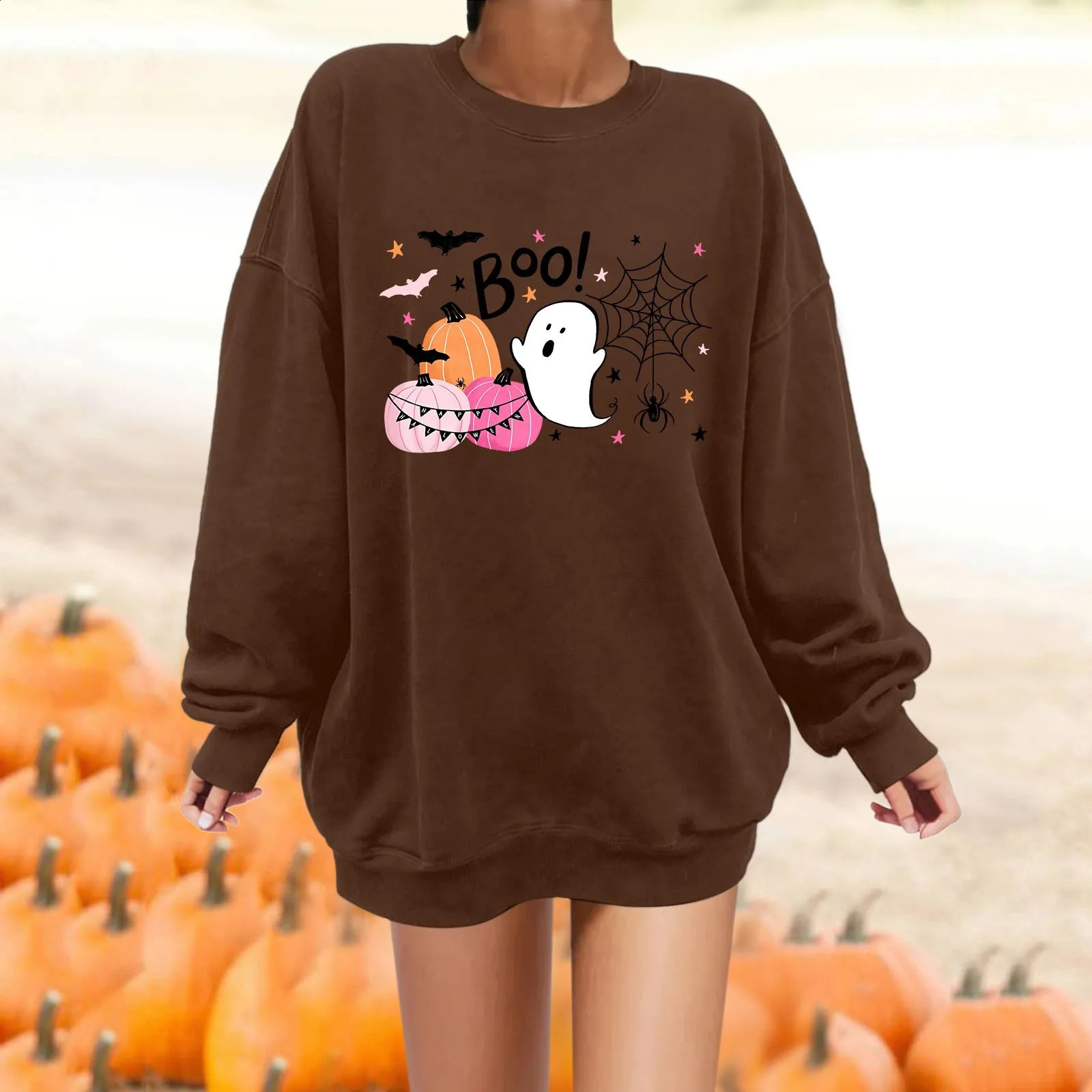 Cute Ghost Multi-Element Printed Womens Halloween Hoodie Solid Color Simple Fashion Trend Casual Hoodie Loose Warm Jumper 240824