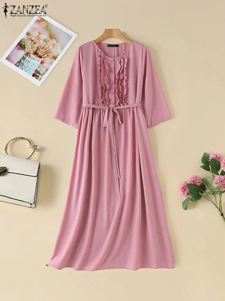 ZANZEA Fashion 3/4 Sleeve Long Vestido Vintage Solid Midi Dress Women Ruffled Buttons Stitching Robe Autumn Bandage Dresses 240824