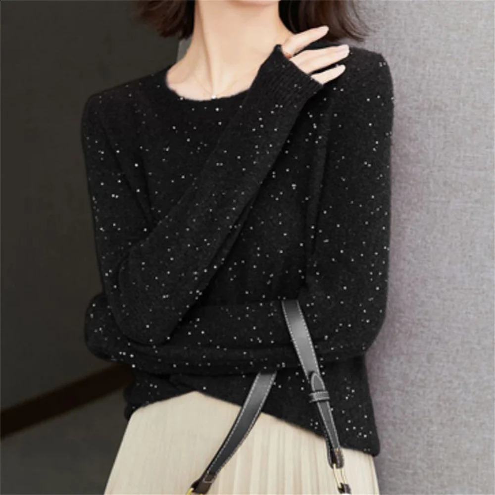 Korean Fashion sweater womens autumn winter solid color shiny wool Pullover Sequin bottomed sweaters Basic outerwear 240824