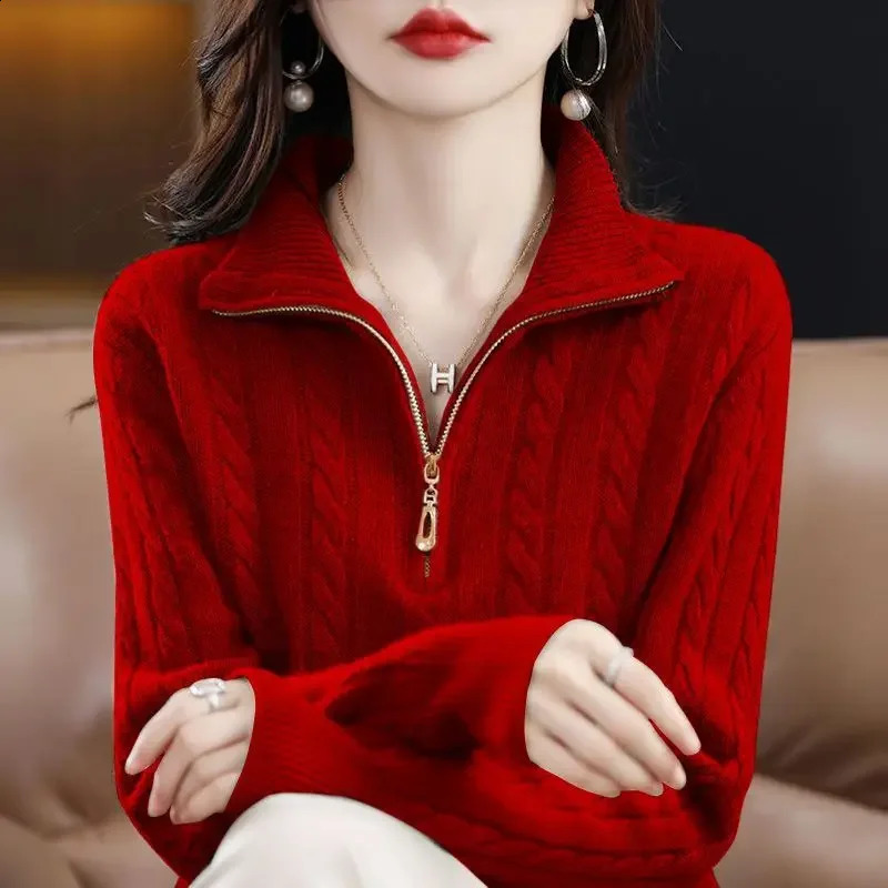 Women Autumn and Winter Half-turtleneck Zipper Sweater Pullover Warm Solid Wavy Lines Loose and Versatile Long Sleeves Top 240824