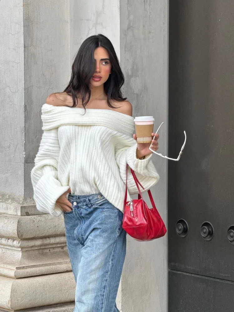 Women Fashion Off Shoulder Solid Pullover Extended Elongated Sleeves Ultra Soft lady Knitted Sweater Chic Autumn Streetwear 240824