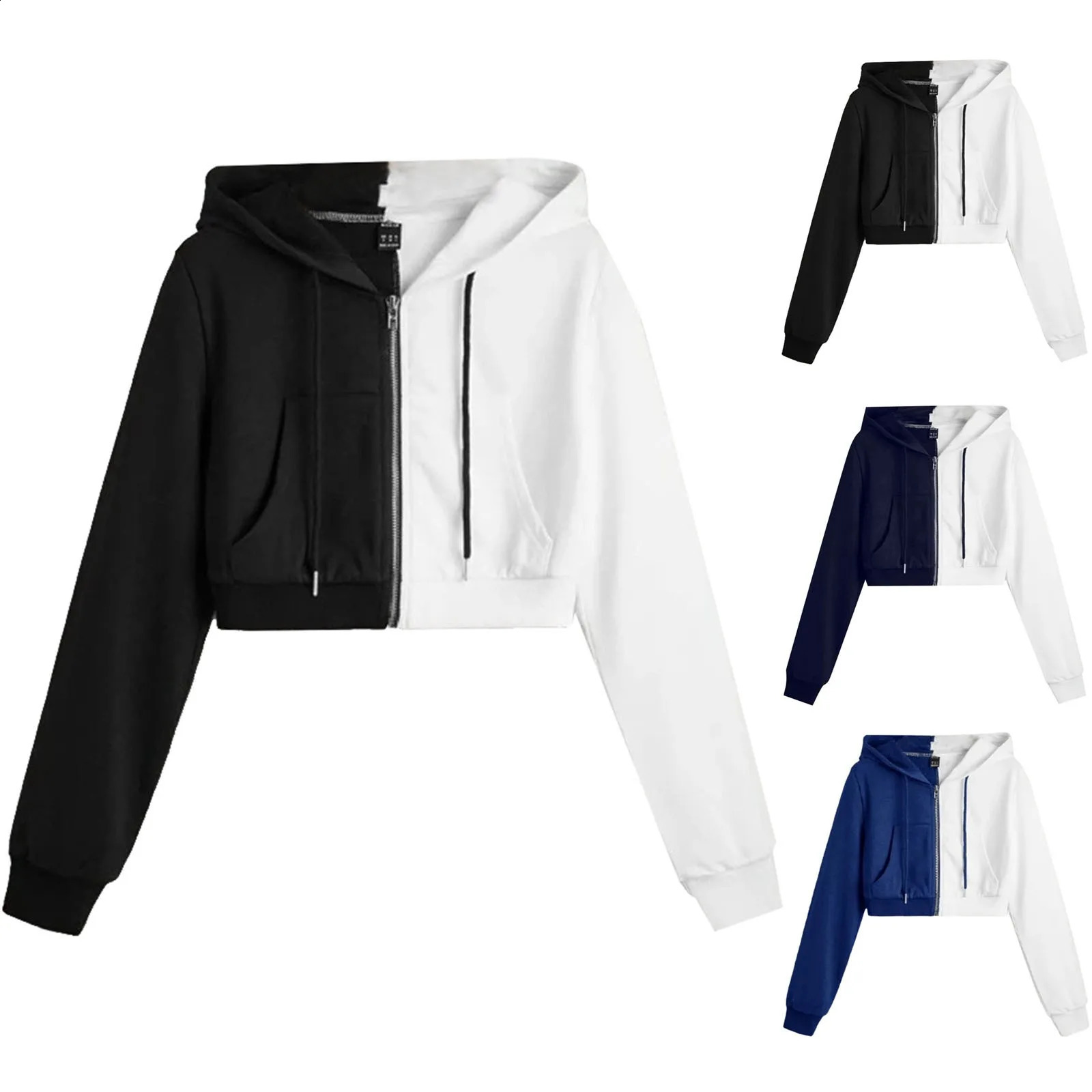 Korean Fashion Long Sleeve Streetwear Color Block Casual Zip Up Cropped Hoodies Sport Style Sweatshirt For Women 240824