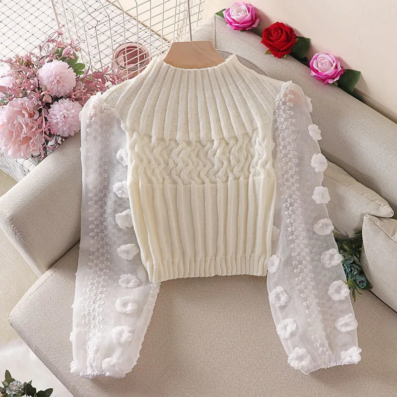 Womens Tight Sweater T-shirt Puff Sleeve Mesh Stitching Crew Neck Slim Tops Knitted Warm Pullover 240824