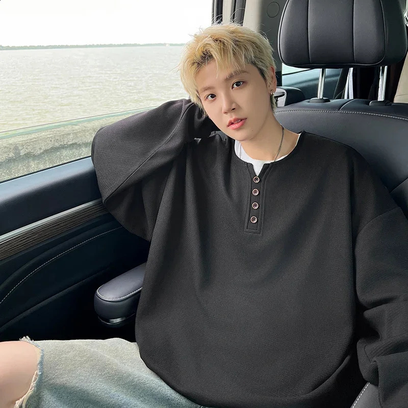 Autumn Korean Mens Cotton Button Henley Neck Shirt Long Sleeve Casual Button Solid Color Fashion Solid Loose T-Shirts 240824