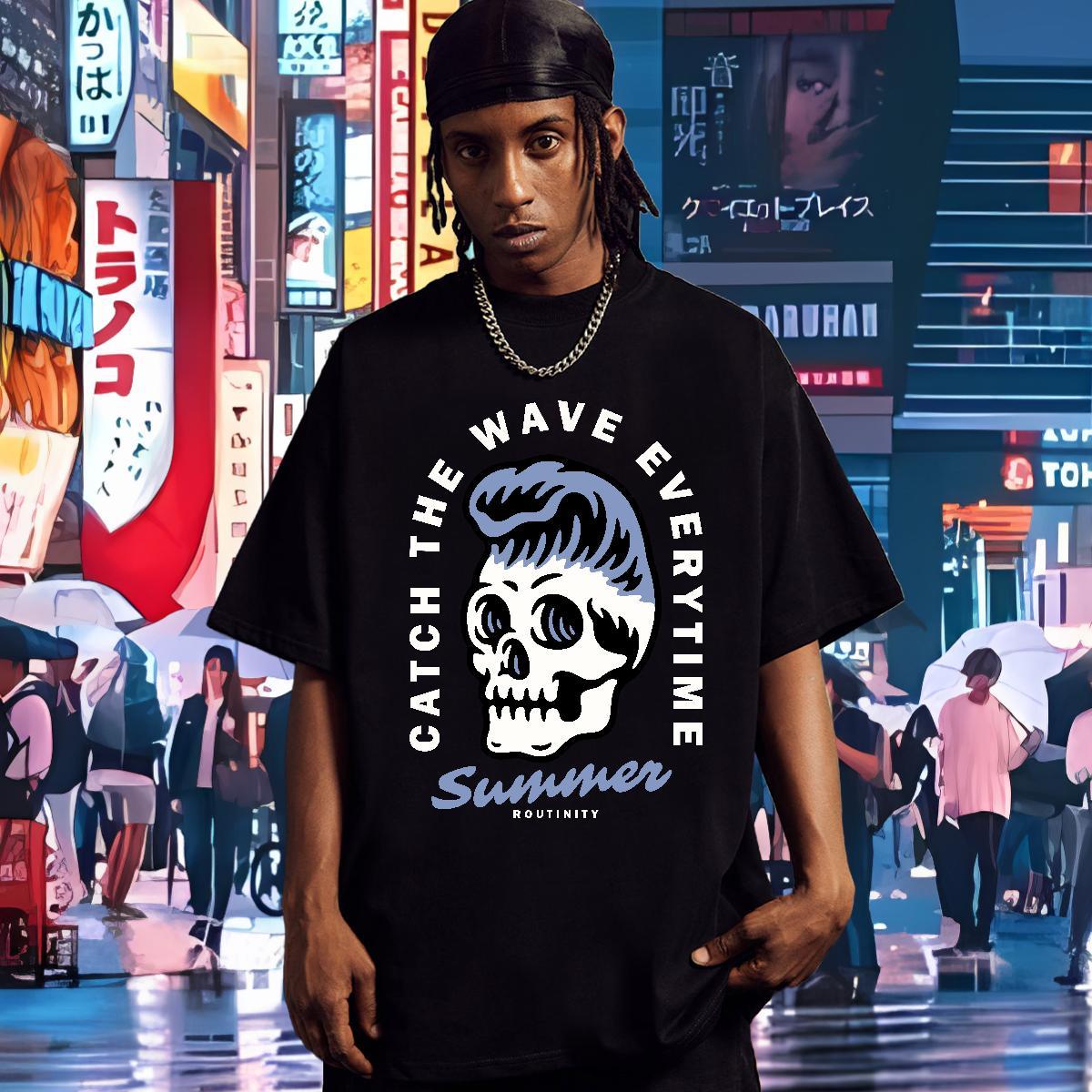 Brand T shirt 230g Pure Cotton skull Summer Casual Anime O Neck Short Sleeves Men Tees Classic Casual Polos