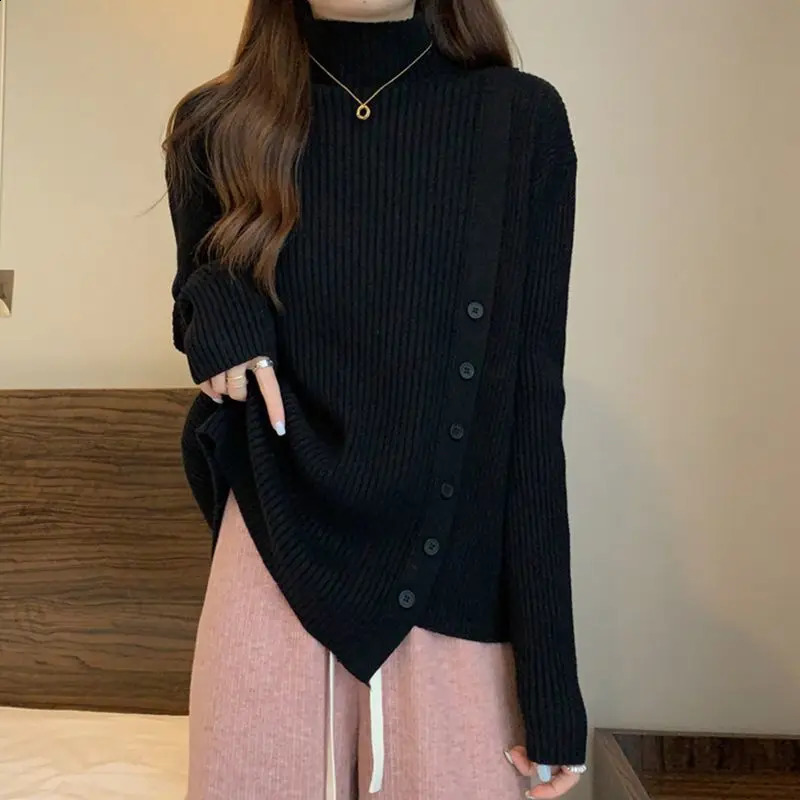Autumn and Winter Womens Fashion Irregular Loose Half High Neck Long Sleeve Bottom Shirt Off Shoulder Knitted Sweater 240824