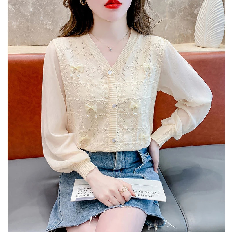 Women Clothing Spring Autumn Korean Fashion Bow Chic Sweet Patchwork Knitwears Female V Neck Long Sleeve Loose Pullover Tops 240824