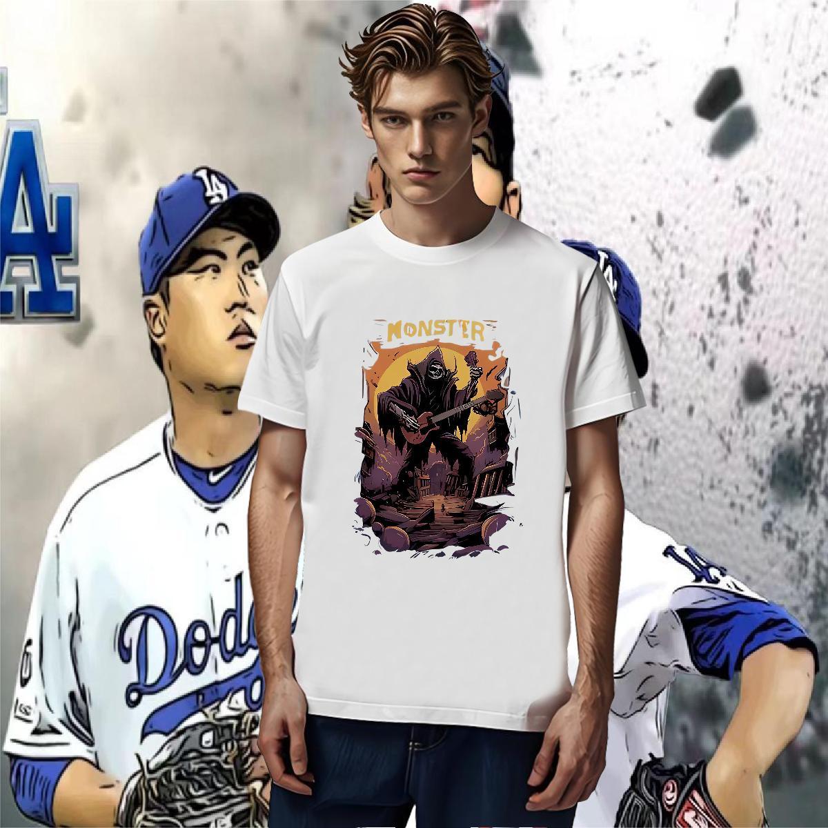 High Quality T Shirts Men 230g Cotton guitar Daily Outfit Floral Print Breathable Short Sleeve Men Tshirts 2024 New Wear