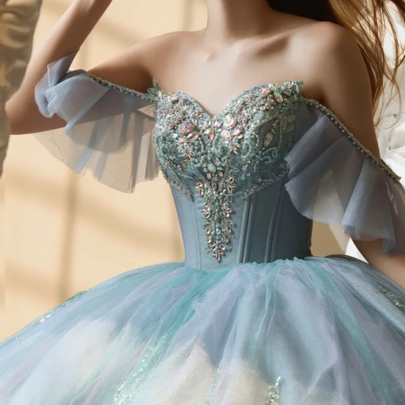 Mexican Quinceanera Dresses Sequin Applique Beads Crystal Tull Corset Lace Up Sweet 16 vestido 15 De quinceaneras