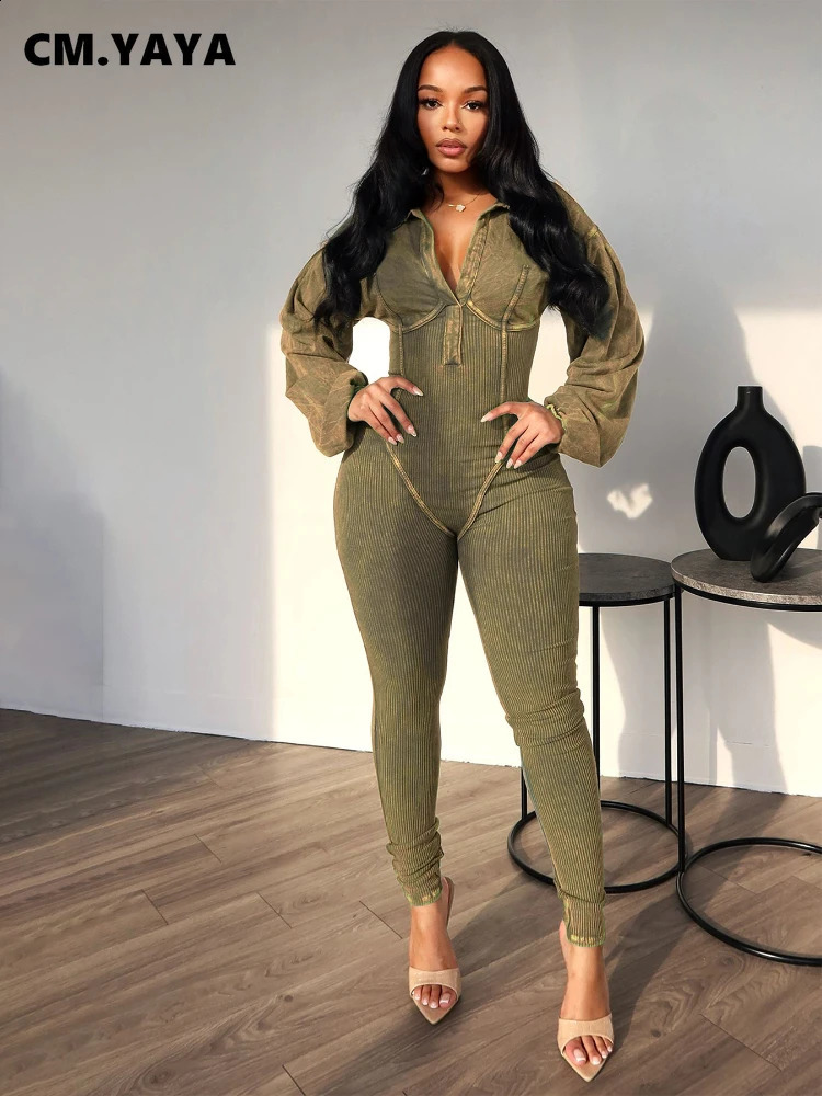CMYAYA Fashion Women Knit Ribbed Long Sleeve Moto Biker Jumpsuits 2024 Autumn Washed Street Playsuit Suit Romper 240823