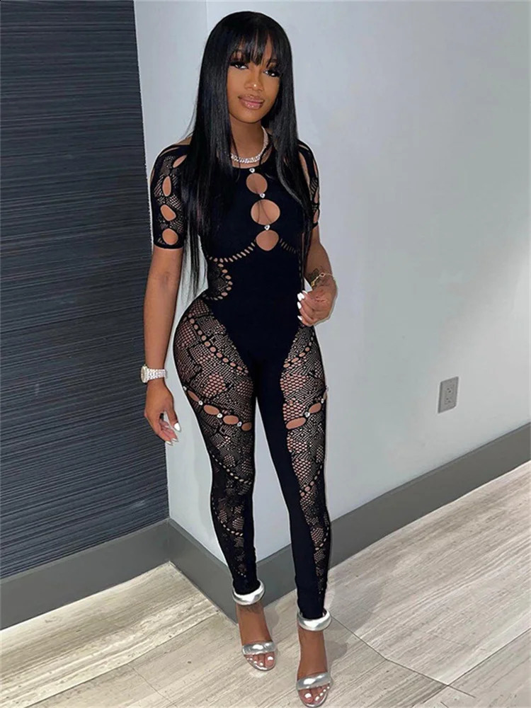 Sexy Outfits Streetwear Jumpsuits for Women Short Sleeve Bodycon Rompers Jumpsuit Skinny Pink Mesh See Though Onepiece Overalls 240823