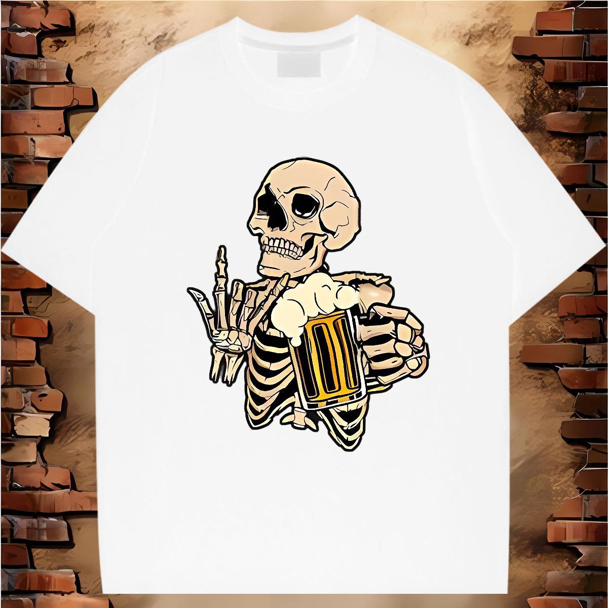 High Quality T Shirts Men 100% Cotton 230g skull Casual Beach Black White Crew Neck Men Tshirts Fashion Polos