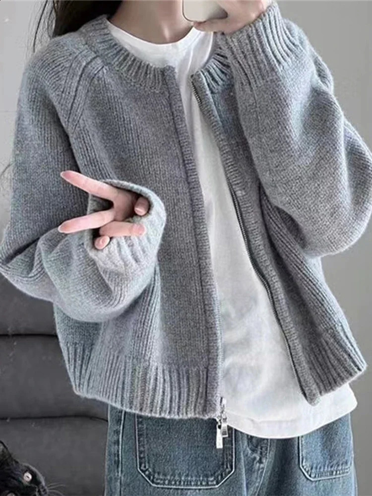 Cardigan Women Korean Fashion Short Sweater Female Sweet Long Sleeve Knitted Coat Lady Chic Loose Zipper Cardigans Autumn Winter 240824