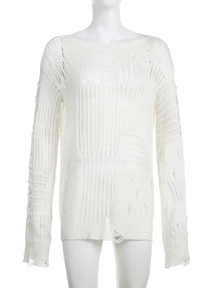 Darlingaga Vintage White Ripped Hole Grunge Sweater Women Casual Loose Jumper Solid Long Pullovers Knitted Hollow Out Holidays 240824