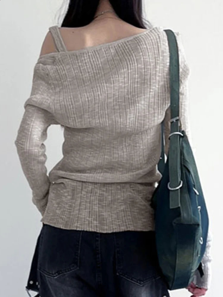 HOUZHOU Y2k Vintage Solid Knitted Pullovers Women Korean Style Elegant Office Siren Long Sleeve Base Slim Sweater Antumn 240824