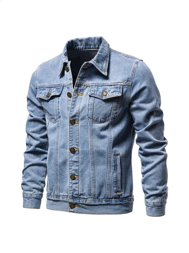 Mens solid collar denim jacket fashionable motorcycle long sleeved mens ultrathin cotton casual single chest 240824