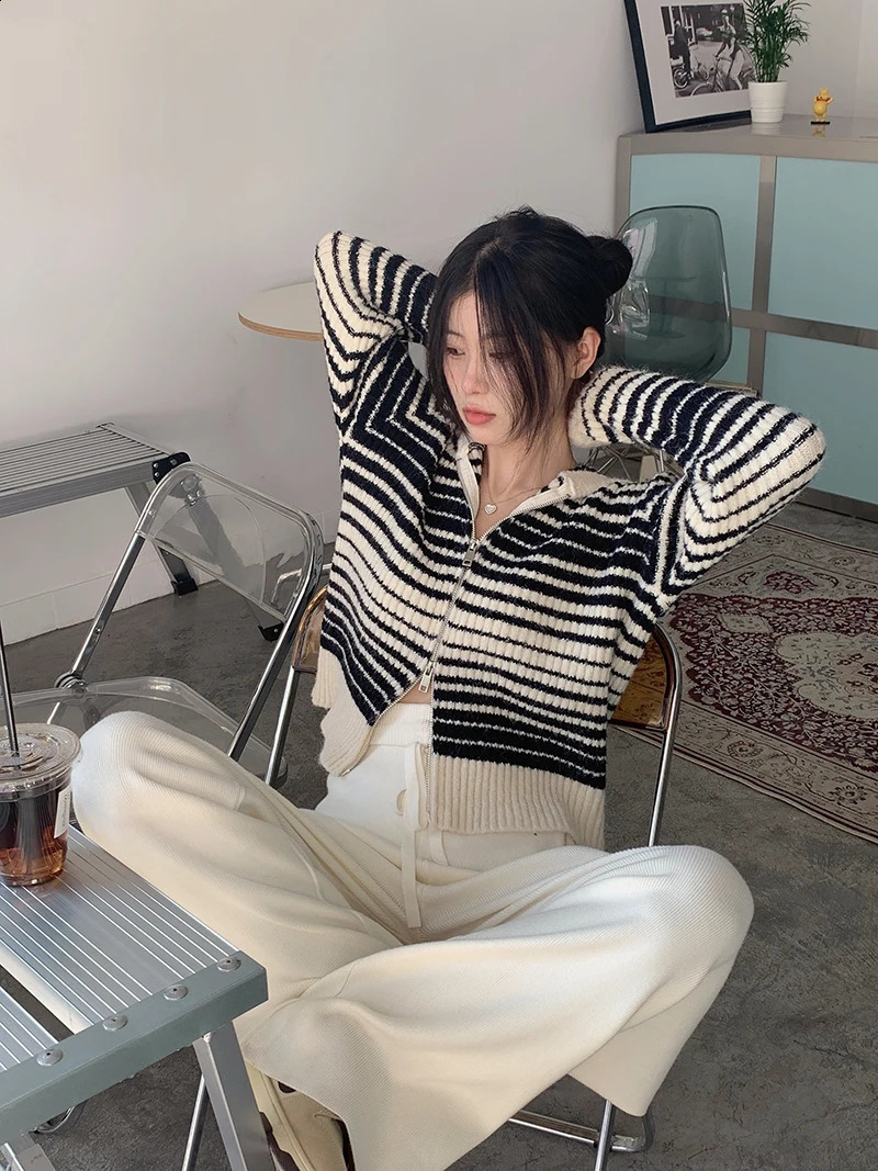 Karrram Vintage Stripe Hoodes Cardigans Double Zipper Women Chic Knitwear Autumn Ladies Cashmere Jacket Elegant Sweater Korean 240824