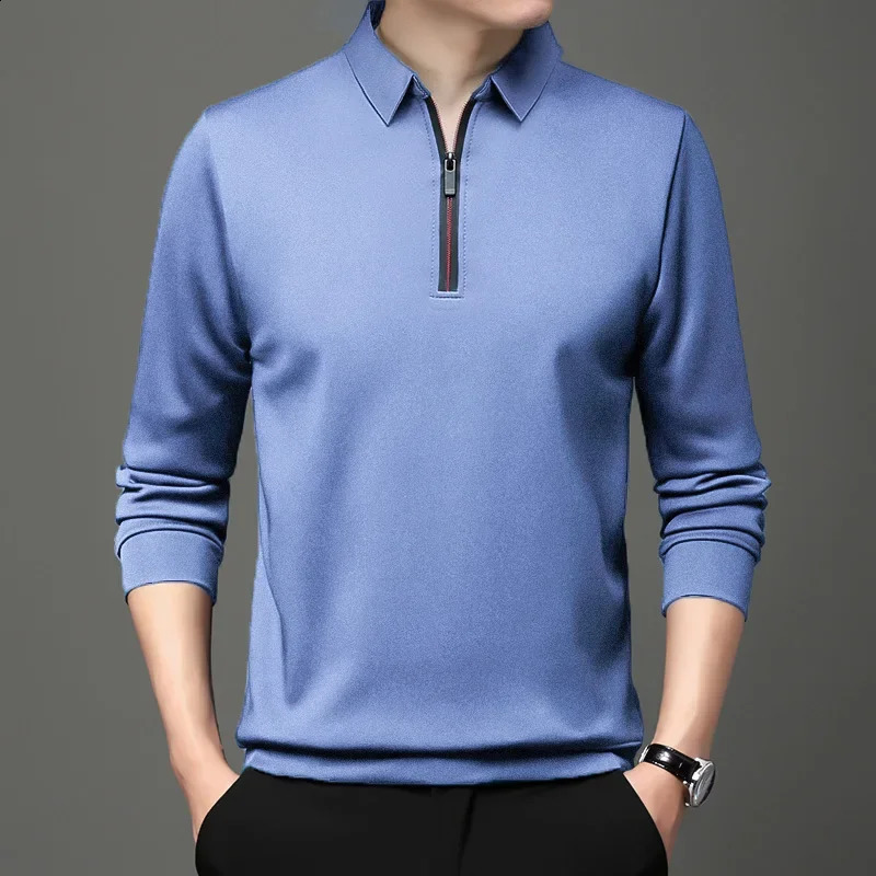 Solid Polo Shirt Lapel Long-sleeved Polo Zipper Collar Fashion Spring/Autumn Thin Shirts Casual Loose Tops Men Clothing 240824