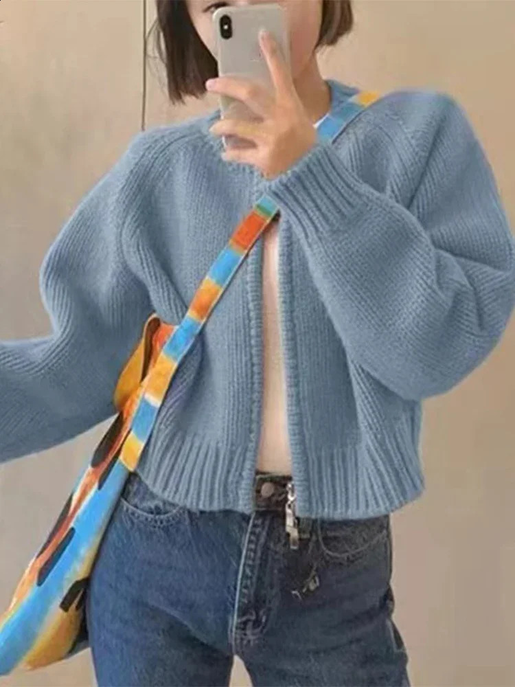 Cardigan Women Korean Fashion Short Sweater Female Sweet Long Sleeve Knitted Coat Lady Chic Loose Zipper Cardigans Autumn Winter 240824