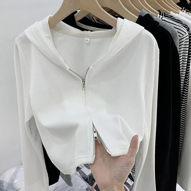Harajuku Fashion Double Zipper Gray Long Sleeved Hoodies Women Sexy Personalized Sweatshirt Hoodie Gym Sports Coat Short Tops 240824