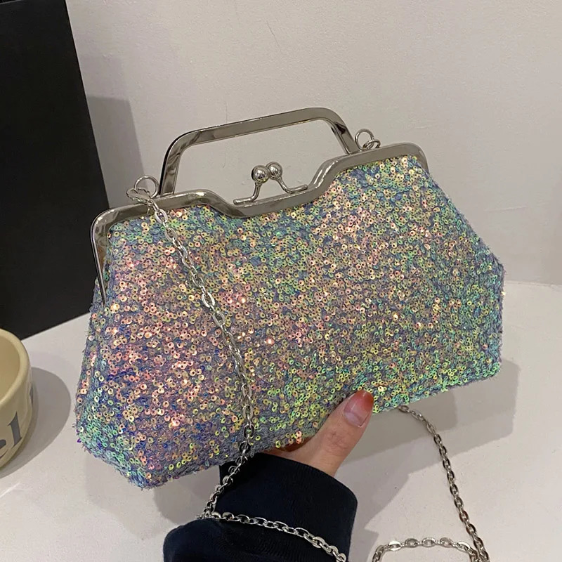 Small Tote Shell Clip Crossbody Bags Prom Clutch Women Sequin Bling Mental Handle Handbags Chain Shoulder 240824