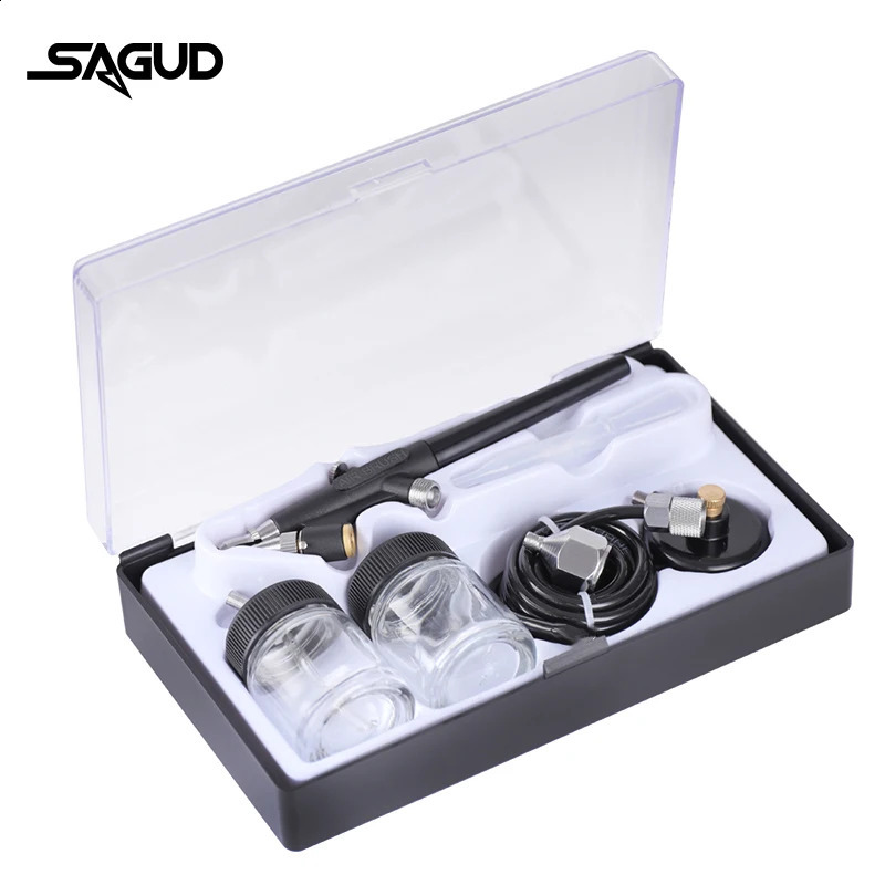 SAGUD 0.8mm spray gun kit with 1/8 interface equipped with a 22cc spray gun cup and air hose component suitable for paint treatment models tattoo cake