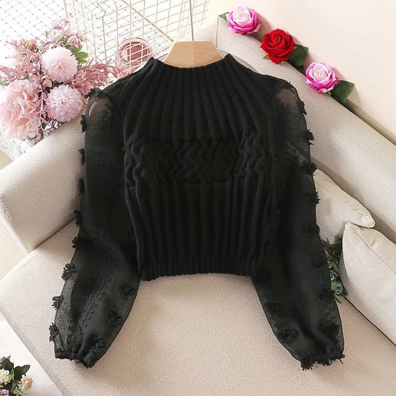 Womens Tight Sweater T-shirt Puff Sleeve Mesh Stitching Crew Neck Slim Tops Knitted Warm Pullover 240824