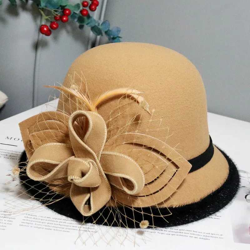 Wide Brim Hats Bucket Hats French womens Fedora hat bow ribbon wool jazz felt hat womens winter autumn church elegant dress hat table tennis bowling L