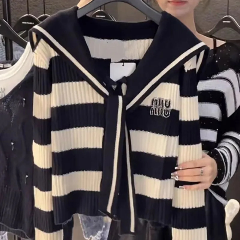 Womens Cardigan Button Autumn and Winter Navy Neck Striped Patchwork Knit 2023 Slim Sequined Long Sleeve Sweater Coat Tops 240824