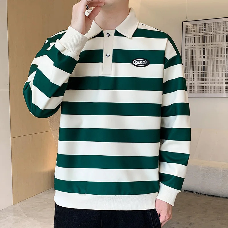Commute Basic Striped T-shirts Spring Autumn Polo-Neck Button Mens Clothing Long Sleeve Korean Patch ns Loose Polo Shirts 240824