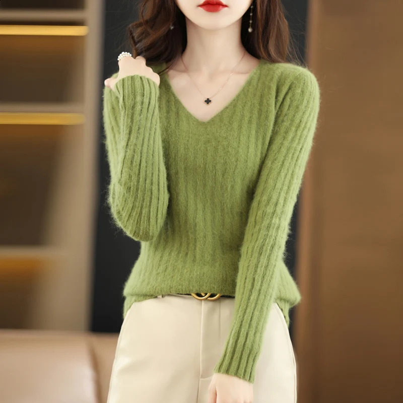 100% Mink Cashmere Womens Sweater Knitted Long Sleeve Pullover V-neck Slim Fit Undercoat Soft Fashion Womens Top 240824