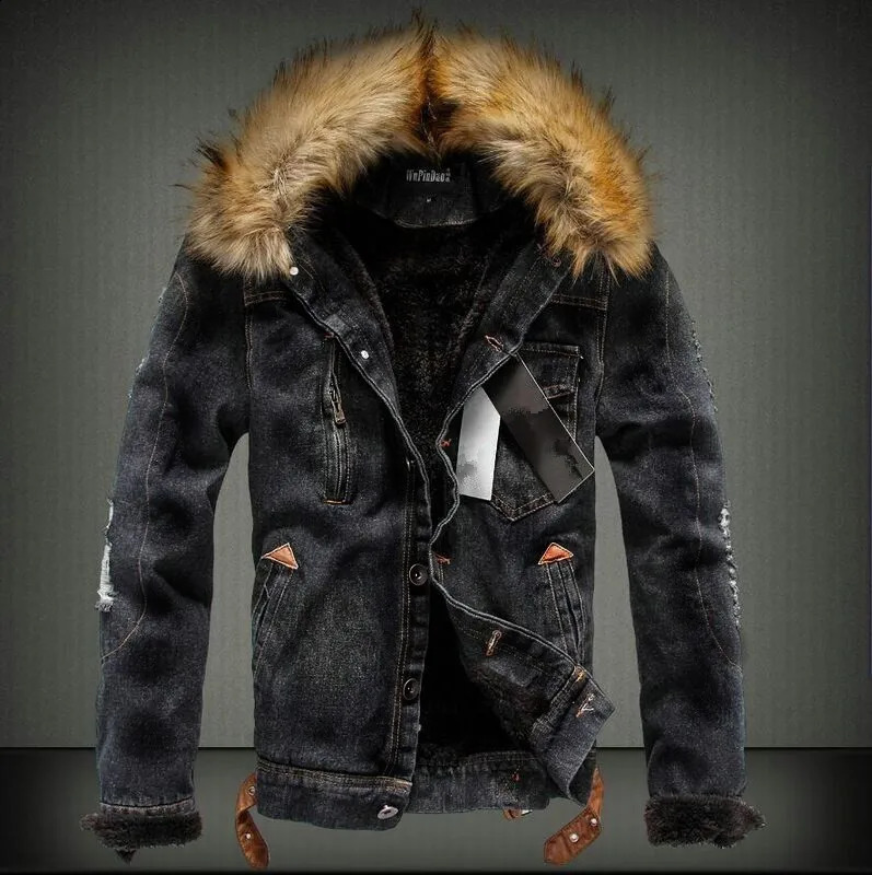 Mens Fashion Retro Plush Denim Jacket Casual Tear Patch 240824