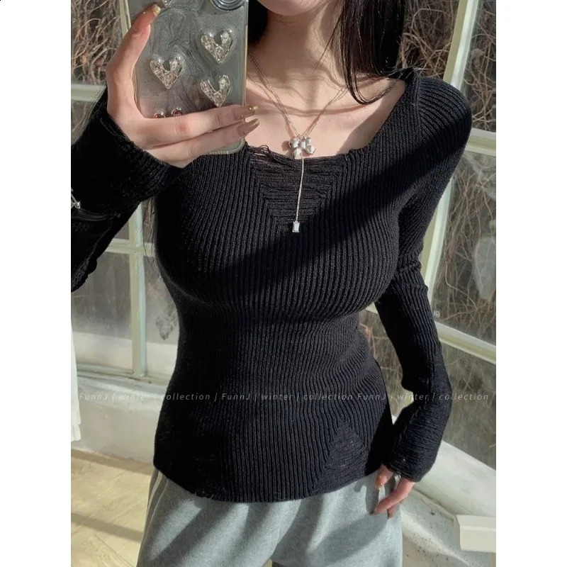 Deeptown Hollow Out White Womens Sweater Slim Long Sleeve Knitwear Korean Fashion Pullovers Spring Coquette Jumper Casual 240824