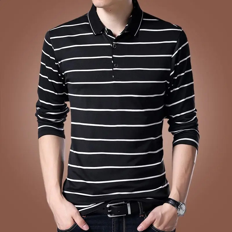 Korean High-end Pure Cotton Long Sleeved PoloT Shirt Slim Lapel Button Business Casual Black and White Striped High Elastic Top 240824