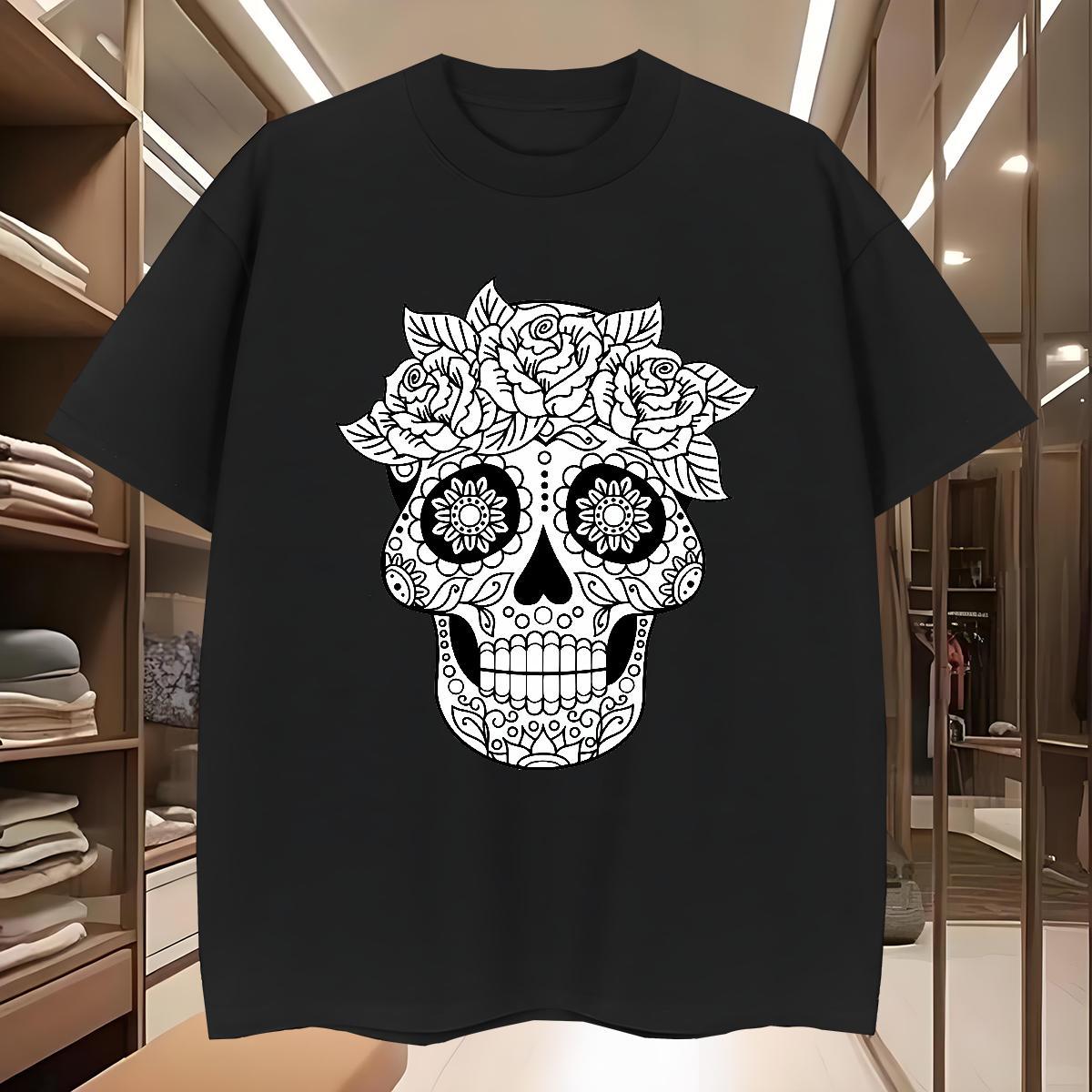 TOP Quality Mens T Shirts 230g Pure Cotton skull Street wear Hip Hop Floral Print Breathable Crew Neck Men Tees New Arrival Tee Shirt