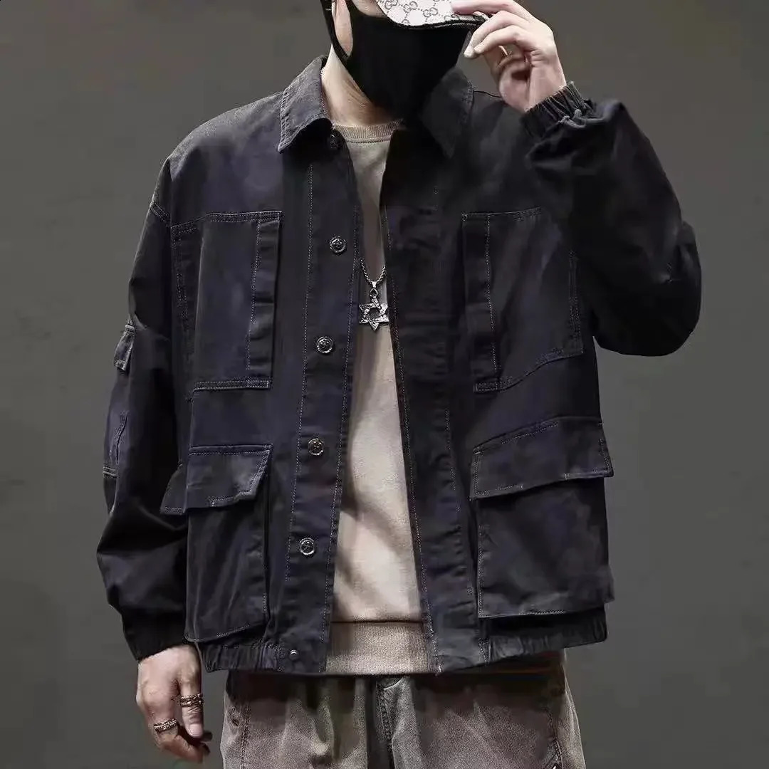 Mens jeans jacket khaki cargo denim mens autumn retro trend Korean onepiece clown fabric G 240824