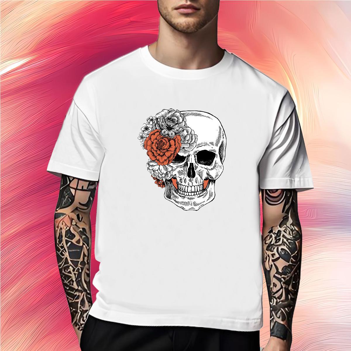 TOP Quality Man T Shirts 230g Cotton flower Street Skull O-Neck Short Sleeve Men Tees DIY Customized Top Tees