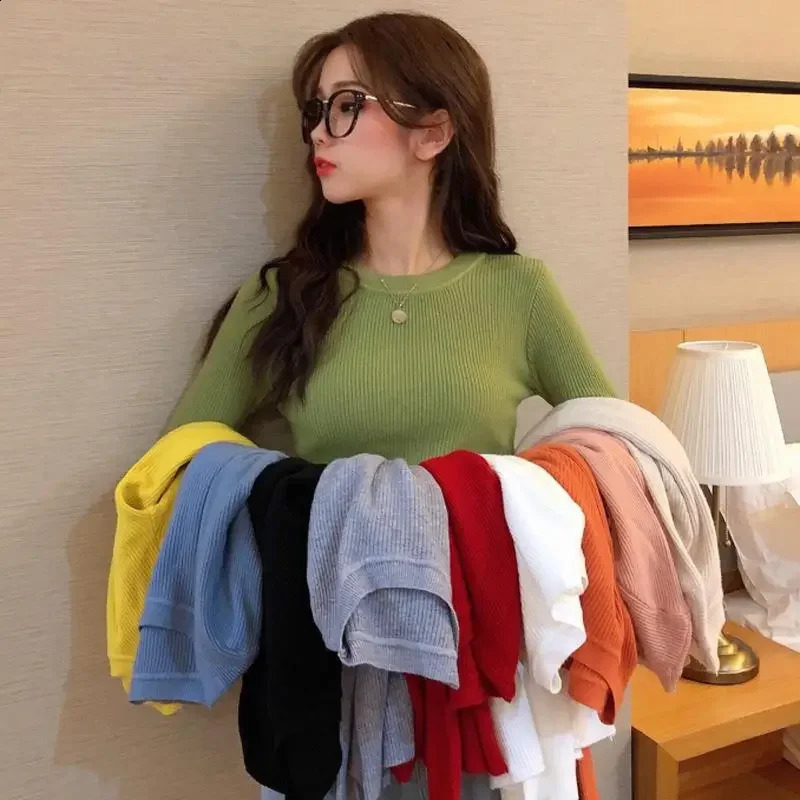 Womens Spring Autumn Style Sweater Solid Color Knit Base Layer Top Round Neck Long Sleeve Stylish Inner Fit 240824
