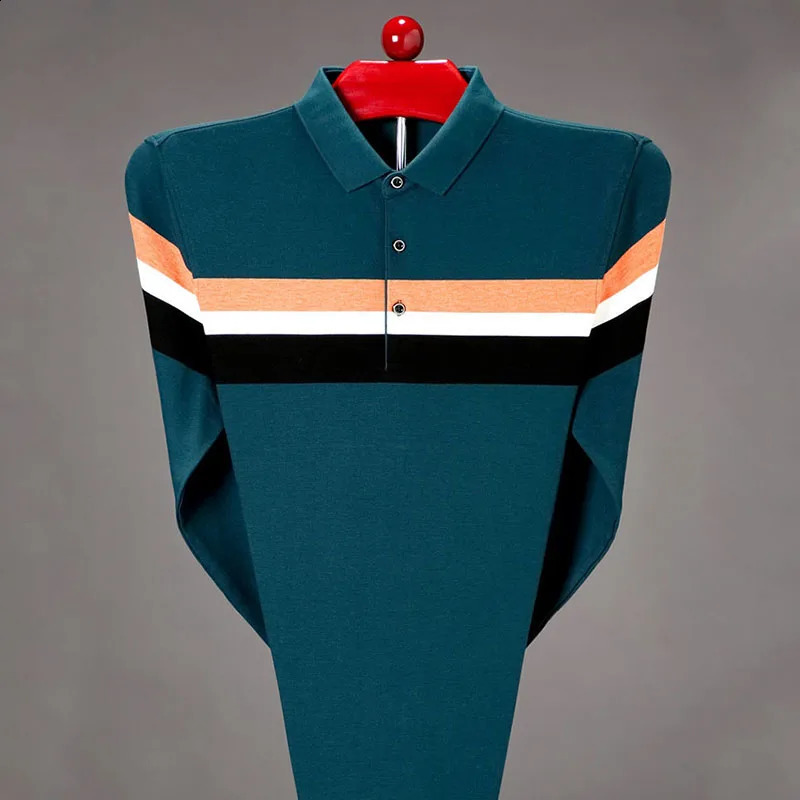 Cotton Men Fashion Striped Polo Shirts Spring Autumn Loose Clothing Lapel Pullover Tee Business Casual Long Sleeve Tops 240824