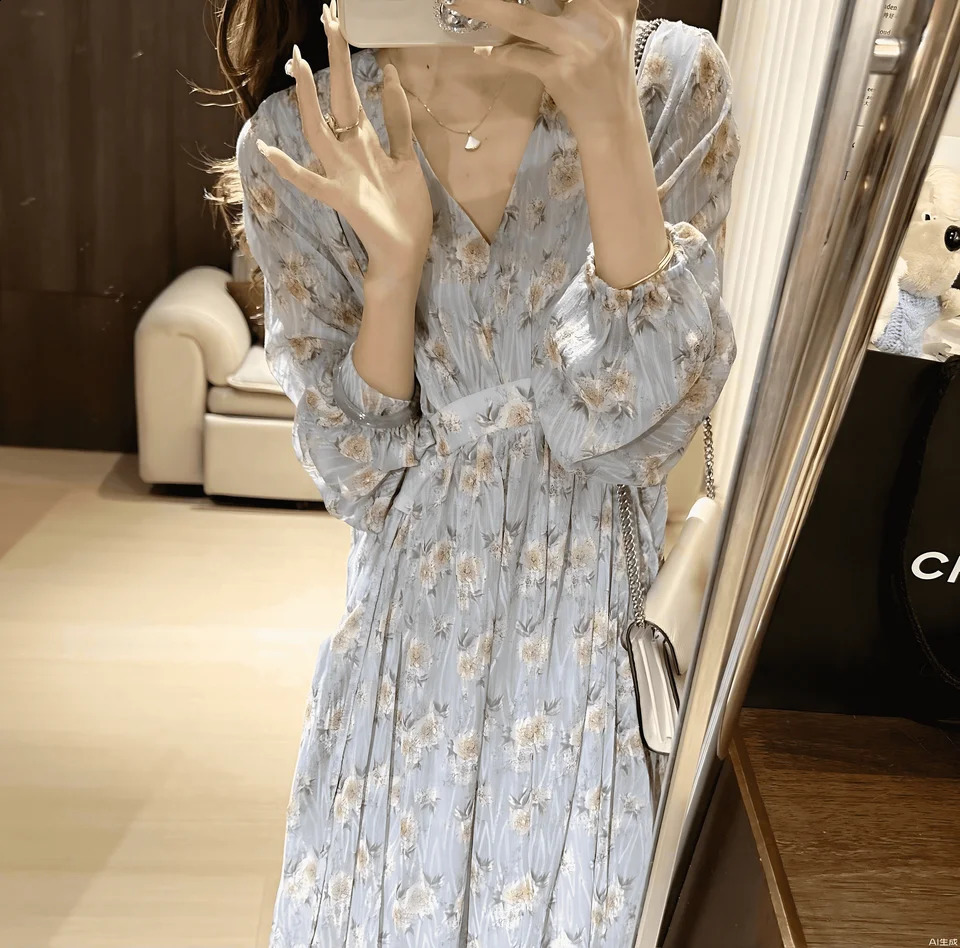 Womens spring and autumn blue floral long skirt waist tie waist slim V-neck swing dress French fashion elegant long sleeve umbr 240824