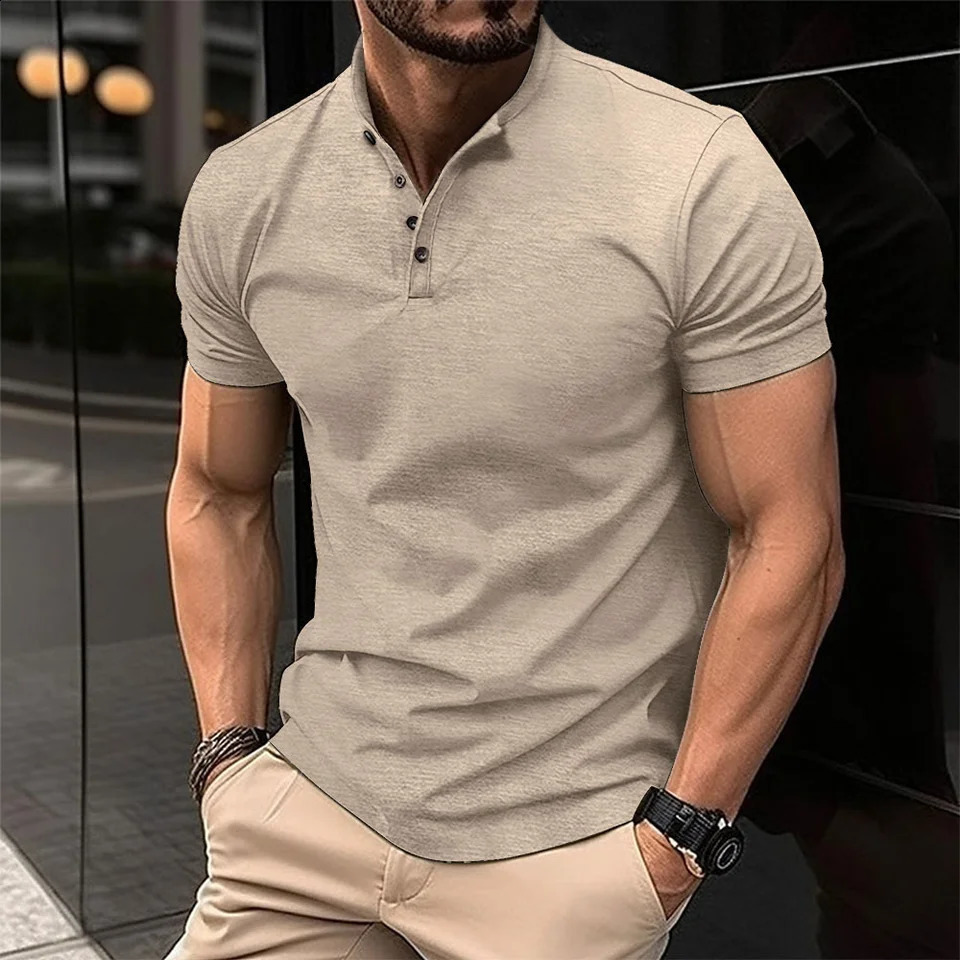 Mens POLO shirt button Henry collar short-sleeved pullover casual sports solid color stand collar trend T-shirt 240814