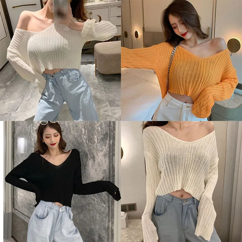 Knitted Blouse Womens Pullover Lazy Loose Outer Wear Thin Long Sleeve Sweater 240824