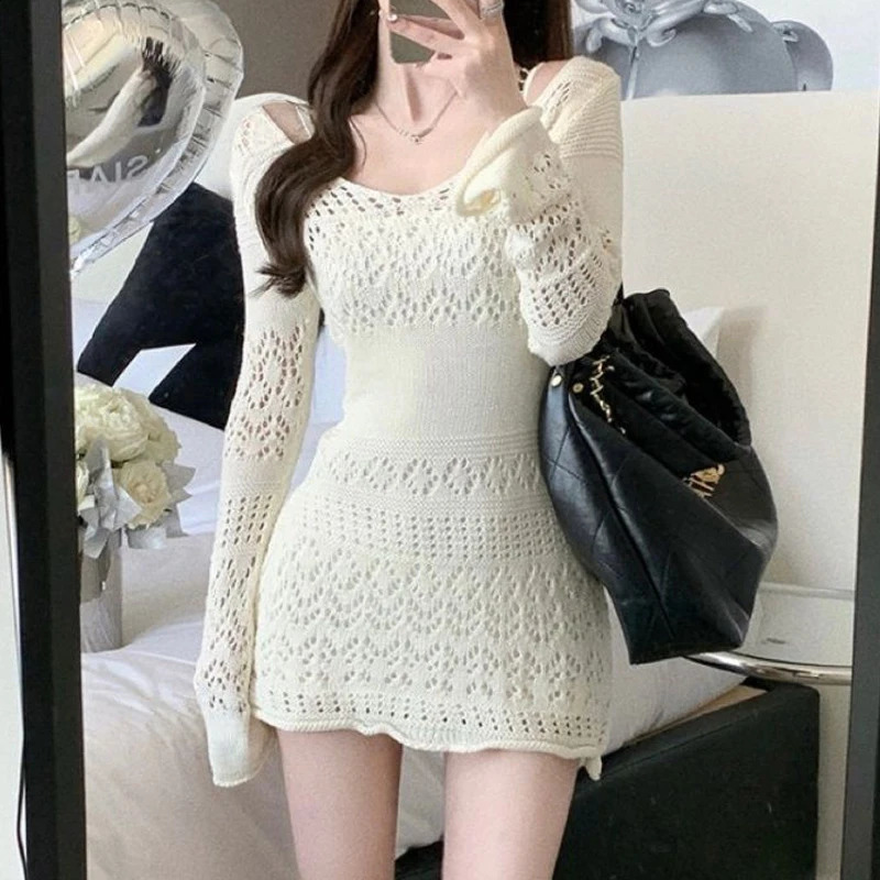 Sexy hollow open top high waist elegant knitted womens fashion Y2K sweet solid Vneck long sleeved club mini dress 240824