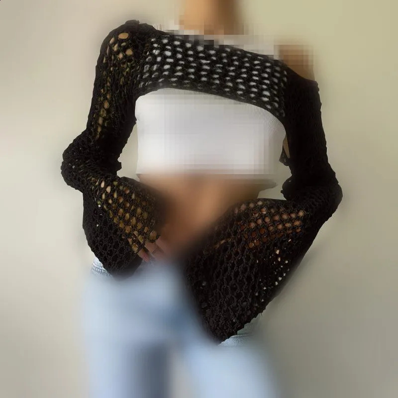 Women Loose Hollow Out Knitted Cropped Sweaters Spring Summer Female Long Sleeve Fishnet Knitwear Pullover Short Tops 240824