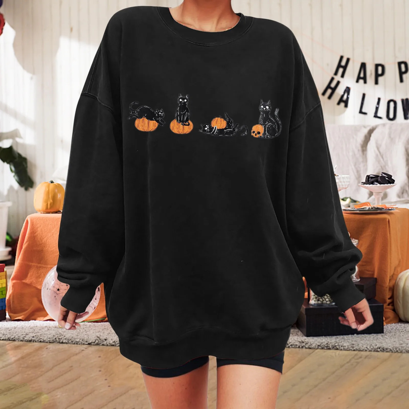 Autumn Oversized Casual Sweatshirt for Women Halloween Graphic Print Pullover Warm Long Sleeves O-Neck Top Female Fashion Hoodie 240824