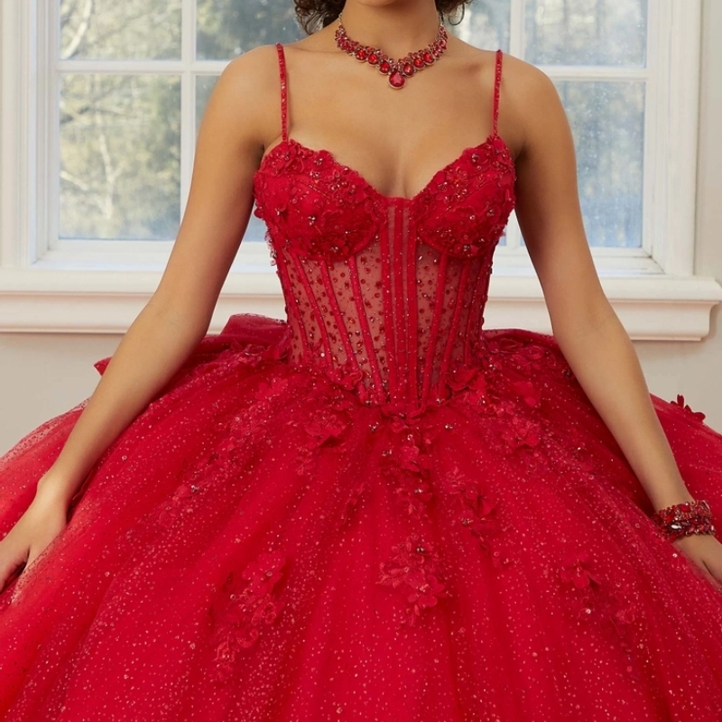 Red Shiny Princess Quinceanera Dress Ball Gown Spaghetti Strap Lace Applique Beading Bow Corset Sweet 16 Dress Vestido 15 De Anos