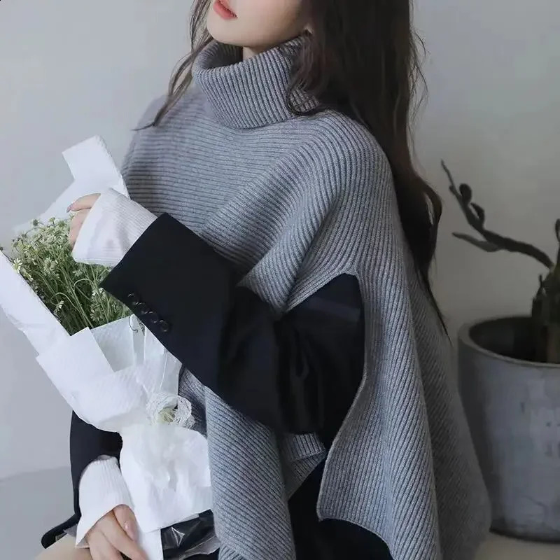 High Collar Irregular Pullover Sweater Cape Womens Tops Sleeveless Autumn And Winter Outer Tower Turtleneck Knitted Scarf Neck 240824