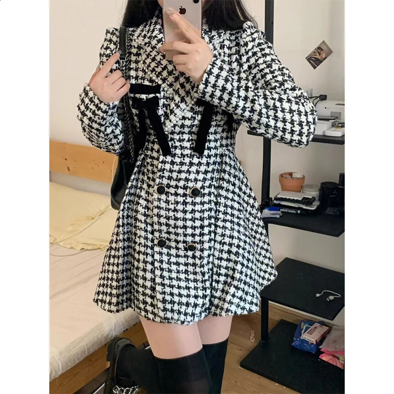 MEXZT Vintage Bow Mini Dress Women Elegant Party Houndstooth Tweed One Piece Dresses Winter Kawaii Korean Bodycon Vestidos 240824